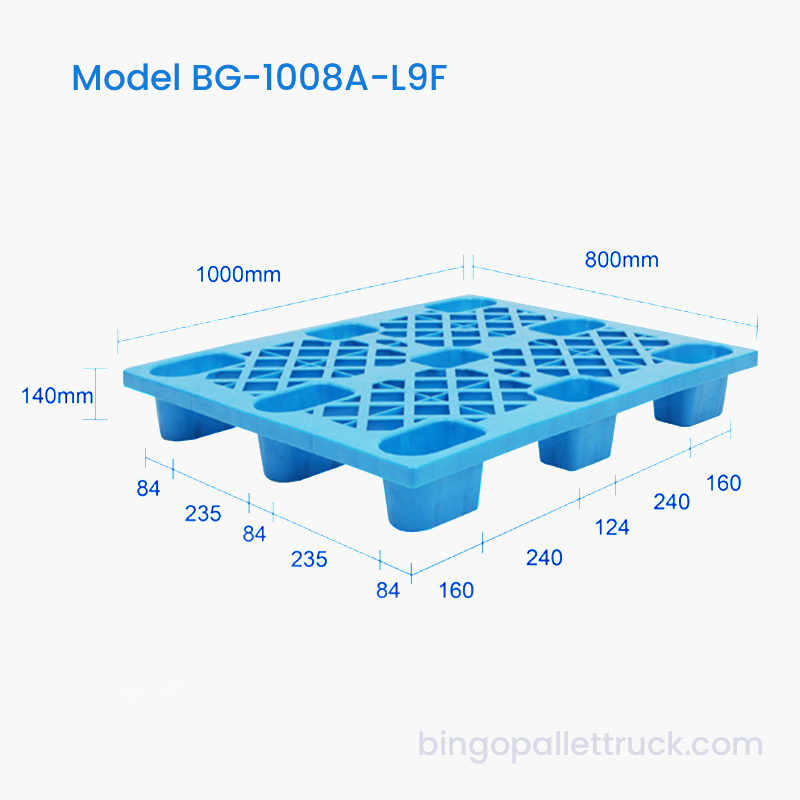 1000 × 800 mm 4-smjerna ulazna laka rešetkasta plastična paleta od 9 stopa HDPE