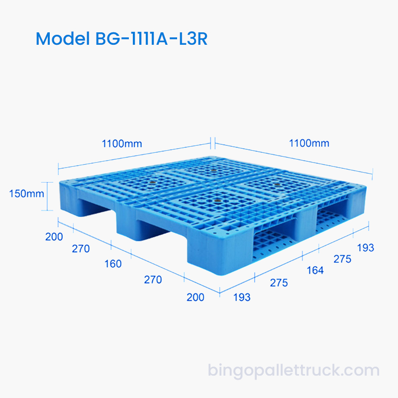 1100×1100 mm 4-smjerna ulazna plastična paleta s 3 vodilice